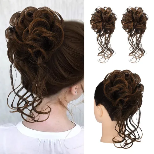 Vista 27 de HOOJIH 2 piezas de extensiones de cabello estilo moño despeinado, extensiones de cabello rizado y ondulado con tiras, cola de caballo, horquillas