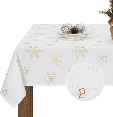 Vista 8 de Mantel de Navidad, mantel de copo de nieve gris y blanco, mantel impermeable de Navidad gris para comedor, cocina, vacaciones de invierno, funda