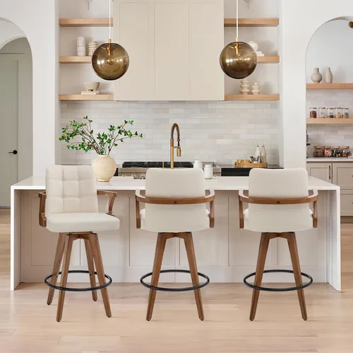 Vista 10 de MEKLIBA Taburetes de bar de 26” de altura de mostrador, Silla de bar tapizada en cuero, Taburetes giratorios con respaldo y brazos, Juego moderno