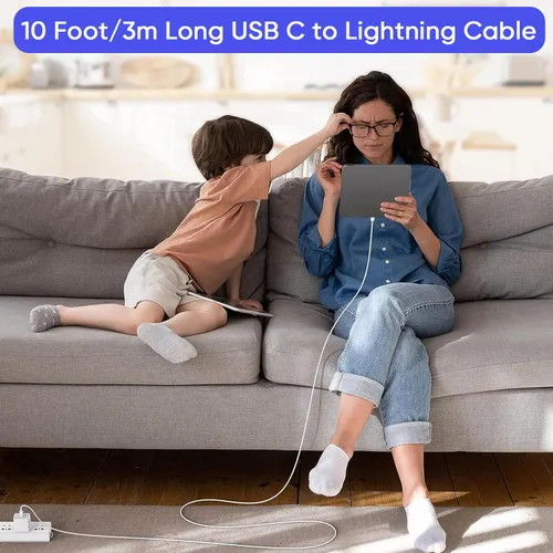Vista 7 de Cargador rápido para iPhone de 3 metros, paquete de 2 [certificado Apple MFi] bloques de carga rápida USB C para iPhone, cargador de pared PD