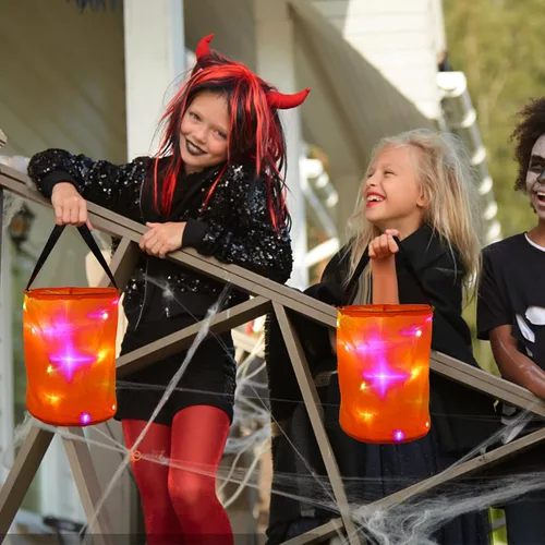 Vista 6 de CCINEE 3 bolsas de dulces de Halloween con luz LED, cubo multiusos iluminado para Halloween para fiesta de Halloween, bolsas de golosinas