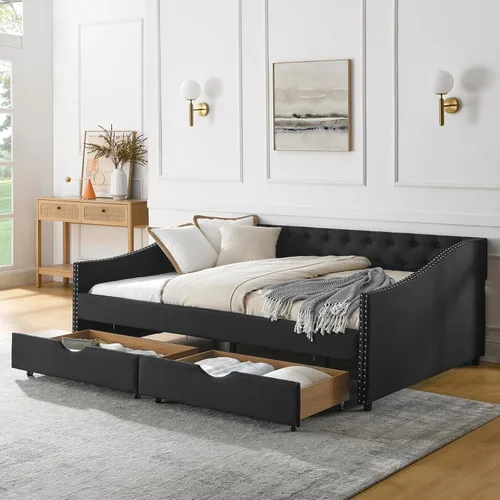 Vista 13 de Base de cama tamaño matrimonial de madera, base de cama diurna con 2 cajones de almacenamiento, sofá cama tapizada de tamaño matrimonial con diseño