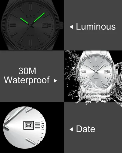 Vista 5 de CIVO Analog Mens Watches Silver: Wrist Watches with Date Easy to Read - Dress Stainless Steel Watch for Men Gifts for Husband Father at Birthday