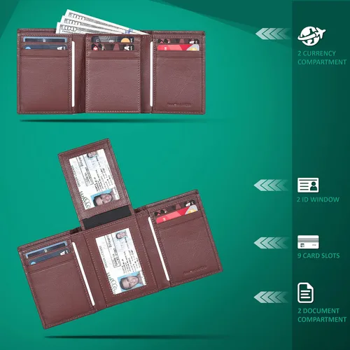 Vista 2 de Billetera de tres pliegues para hombre Cartera de piel auténtica con bloqueo RFID con 9 ranuras para tarjetas