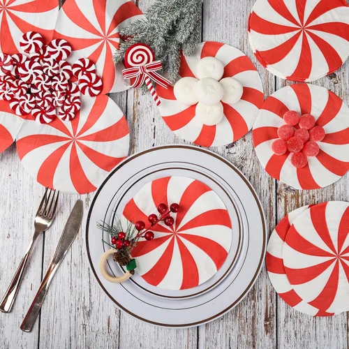 Vista 4 de Servilletas de papel de Navidad, 100 servilletas desechables de caramelo de menta redondas, piruletas de Navidad, decoración de vajilla, servilletas