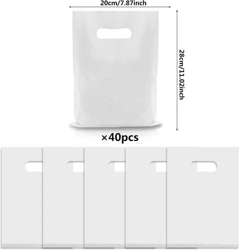 Vista 2 de 40 bolsas de regalo de plástico blanco para dulces, bolsas de plástico troqueladas para cumpleaños, baby shower, boda, fiesta
