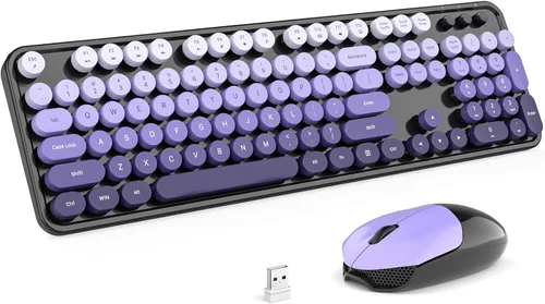 Vista 24 de MOFII Combo de teclado y mouse inalámbricos, teclado retro con teclas redondas de colores, conexión USB Plug Play de 2.4 GHz para PC, laptop