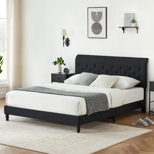 Vista 3 de Amyove Base de cama de tamaño matrimonial con cabecera curva, plataforma tapizada de tela con cabecera ajustable, base de colchón, fácil montaje,