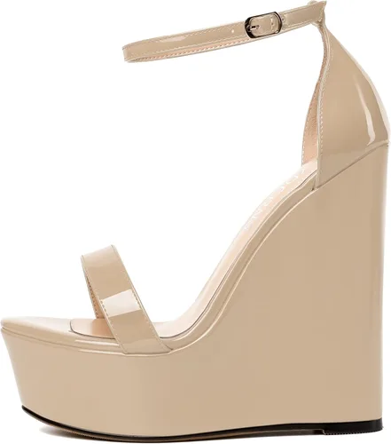 Vista 2 de WAYDERNS Sandalias de tacón alto con plataforma y correa de tobillo para mujer, con hebilla de noche, puntera abierta, de moda, de charol, de 6