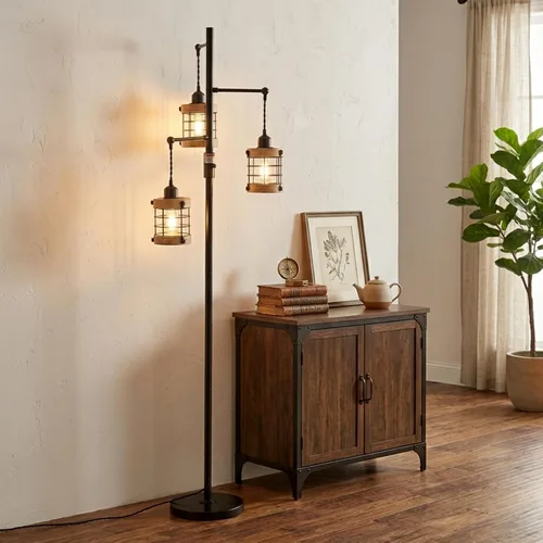 Vista 7 de Lámpara de pie de madera vintage para dormitorio, lámparas de pie regulables para sala de estar, lámpara de pie industrial de granja, lámpara alta