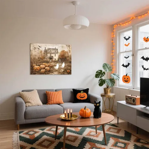 Vista 7 de Arte de pared vintage de Halloween embrujado de granja, parche de calabaza rústica con bonitos fantasmas, póster impreso en lienzo espeluznante