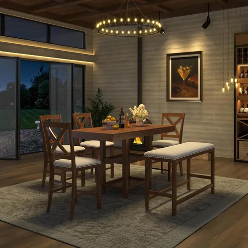 Vista 2 de JIVOIT Farmhouse 6 Piece Dining Table Set, Counter Height Table Set with 4 Chairs and a Bench, Rubber Wood Expandable Bar Table Set with Rivet Gris-3