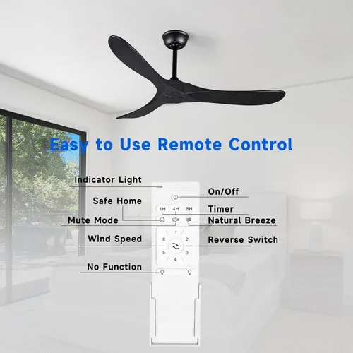 Vista 4 de Bigzone - Ventilador de techo negro para interiores y exteriores de 52 pulgadas sin luces con control remoto, motor DC eficiente energéticamente