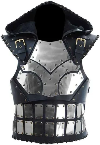 Vista 2 de Peto medieval de cuero con capucha Cosplay y disfraz LARP Negro