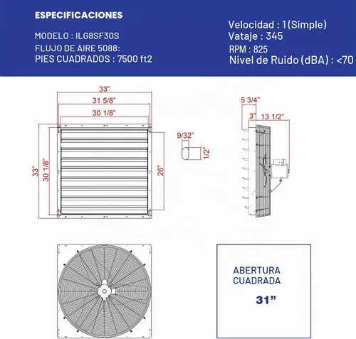 Vista 3 de iLIVING Ventilador de obturación de velocidad variable montado en la pared, Aluminio, Plateado, 30