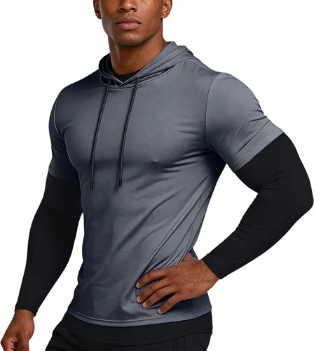Vista 10 de Sudadera con capucha de secado rápido para hombre, manga larga, falsa de dos piezas, color sólido, camiseta atlética para entrenamiento y fitness