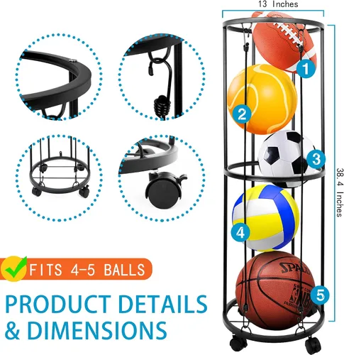 Vista 2 de Garage Ball Storage Rack, Wall-Mounted Basketball Holder, Vertical Ball Rack for Soccer Volleyball Football Basketball, Space-Saving Sports Ball