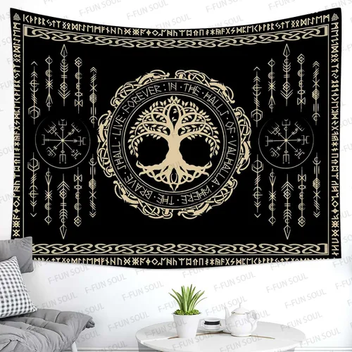 Vista 15 de F-FUN SOUL Tapiz de los vikingos nórdicos, franela suave, 40 x 30 pulgadas, nudo triskele vikingo, runa celta, tapiz de mitología estética