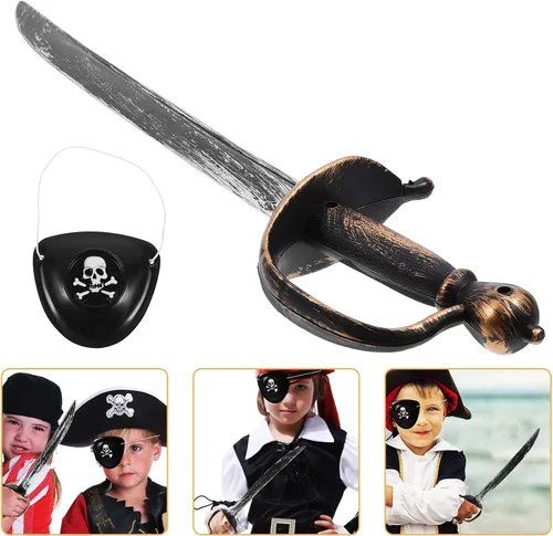 Vista 8 de Espadas piratas de plástico, con parche de ojo, accesorios de plástico samurái de anime, caballero pirata, Halloween, suministros de fiesta
