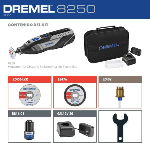 Vista 2 de Dremel 8250-5 Herramienta rotativa inalámbrica de velocidad variable de iones de litio de 12V con motor sin escobillas - 5 accesorios