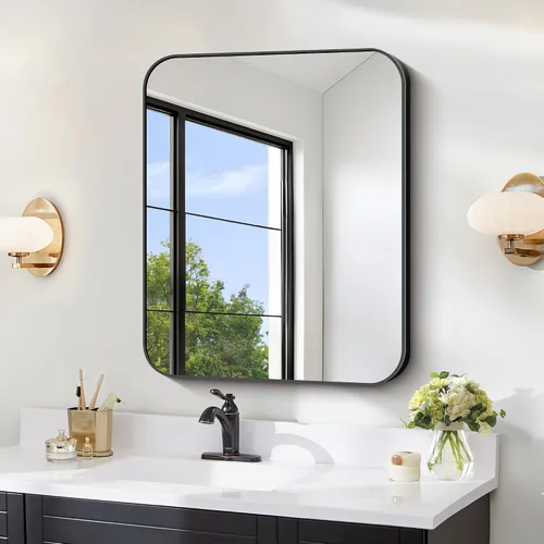 Vista 17 de FORBATH - Espejo de baño negro para sobre lavabo, espejo de pared de 16x24 pulgadas con marco de metal, esquinas redondeadas para baño, dormitorio