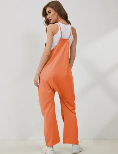 Vista 4 de Lentta - Enterizo casual para mujer con cuello en V sin mangas tipo harem con tirantes elásticos ajustables y bolsillos