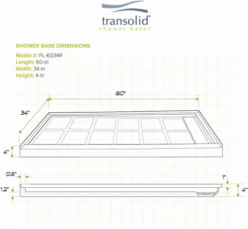 Vista 3 de Transolid FL6034R-39 - Base de ducha rectangular lineal de 60 pulgadas de ancho x 34 pulgadas de largo, con drenaje a la derecha, color gris