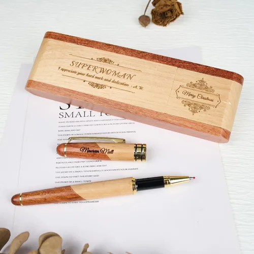 Vista 6 de Sistema grabado personalizado de la pluma de madera, pluma ejecutiva y caja con personalización libre, bolígrafo con estuche para regalo (B)
