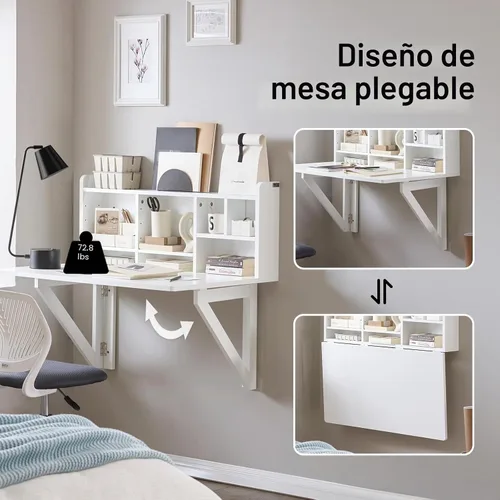 Vista 3 de Haotian Mesa plegable montada en la pared con caballete flotante con hojas caídas, estación de trabajo de escritura para computadora