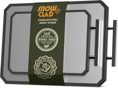 Vista 9 de Tabla de cortar de acero inoxidable SNOWCLAD, tablas de cortar de doble cara para cocina, tabla grande de acero inoxidable/paja de trigo PP