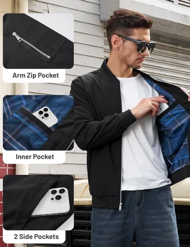Vista 6 de TACVASEN Chaqueta bomber para hombre, con forro a cuadros, casual, cortavientos, elegante, ligera, para otoño, primavera, chaquetas resistentes al