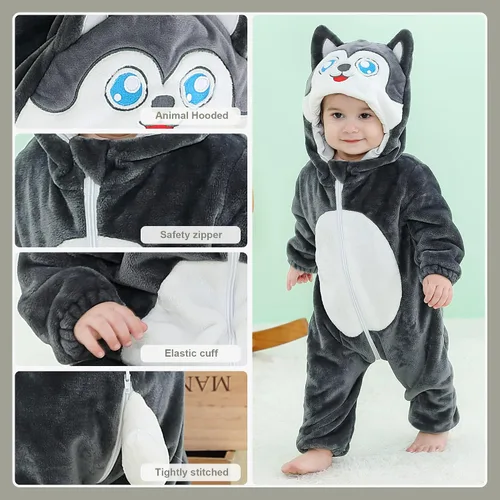 Vista 2 de MICHLEY Mameluco con capucha de animales para bebés de franela para invierno, Halloween y cosplay
