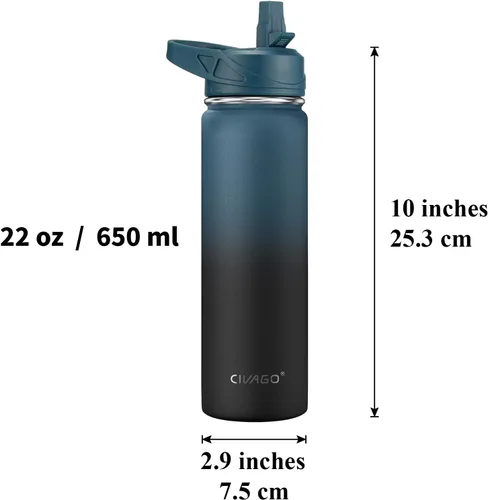 Vista 4 de CIVAGO Botella de agua aislada de 22 onzas con pajita, frasco de agua deportiva de acero inoxidable con 3 tapas