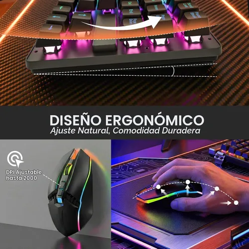 Vista 4 de Combo de teclado y mouse inalámbricos para juegos, batería recargable con retroiluminación LED, teclado de tacto mecánico ultra compacto, ratones