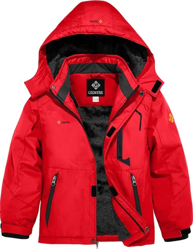 Vista 7 de GEMYSE - Chaqueta de esquí impermeable con capucha y forro polar, resistente al viento, para niño Verde Aqua