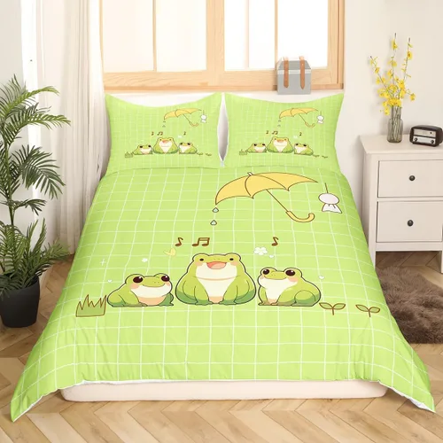 Vista 2 de Castle Fairy Juego de ropa de cama con diseño de rana, tamaño individual, funda de edredón de animales verdes de dibujos animados para niños