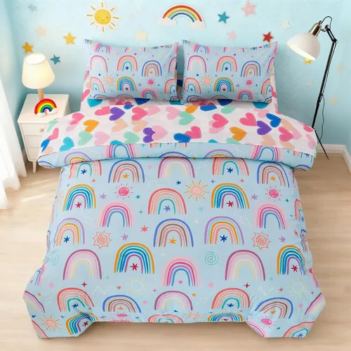 Vista 2 de Holawakaka Juego de edredón bohemio arcoíris tamaño individual con sábanas, juego de cama bohemio de 5 piezas con corazón, estrella y amor para Azul