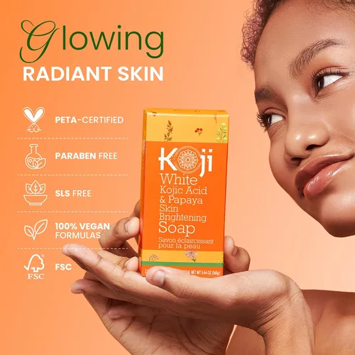 Vista 6 de Koji White Jabón iluminador de piel con ácido kójico y papaya, barra facial exfoliante, piel radiante, rejuvenece, hidratante, barra limpiadora
