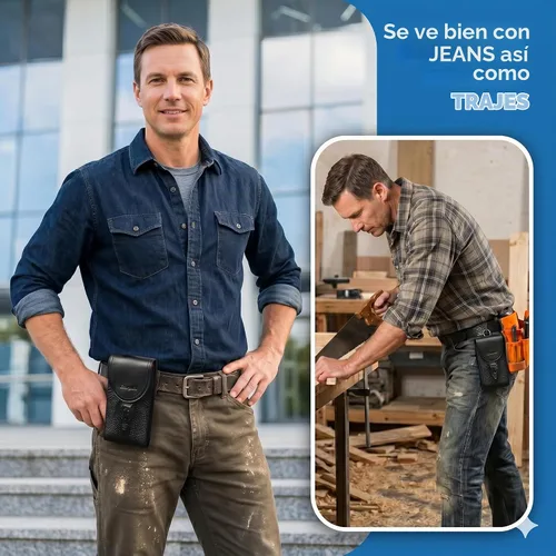 Vista 5 de Funda de cuero genuino para cinturón de teléfono con clip para cinturón, funda para teléfono celular para teléfonos inteligentes grandes de 6.5 Negro
