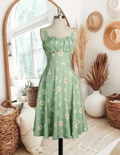 Vista 4 de Belle Poque Vestido vintage sin mangas para mujer, diseño floral, fruncido, lindo, acampanado, con vuelo, largo hasta la rodilla