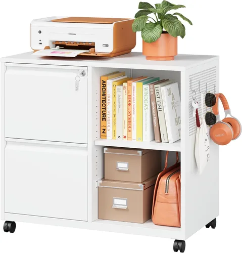 Vista 17 de Archivador de metal con 2 cajones con cerradura, gabinete archivador con soporte para impresora móvil y estantes para archivos de tamaño Negro