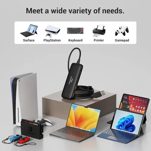 Vista 7 de Qeefun Hub USB 3.2 de 10 Gbps con 2 puertos USB A y 2 puertos de datos USB-C 3.2, divisor USB 3.2 Gen 2, cable largo extendido de 4 pies y puerto