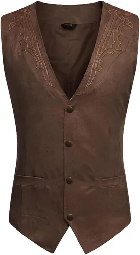 Vista 4 de COOFANDY Chaleco de traje de cuero de gamuza para hombre, chaleco occidental casual, chaleco ajustado