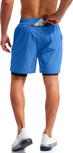 Vista 4 de Pudolla Mens 2 in 1 Running Shorts 7" Quick Dry Gym Athletic Workout Shorts for Men with Phone Pockets
