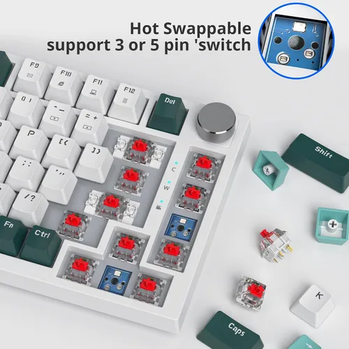 Vista 3 de Fogruaden Teclado mecánico con cable 75% intercambiable en caliente, interruptor rojo, teclado mecánico TKL, montaje de junta, teclado compacto