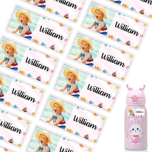 Vista 18 de 78 etiquetas personalizadas para niños con fotos impermeables, etiquetas de nombre personalizadas para suministros escolares, guardería, botellas