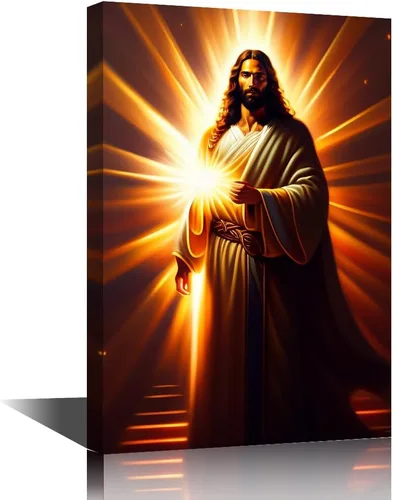 Vista 14 de Lienzo decorativo para pared de sala de estar, impresión retro con luz de esperanza de Jesús, 1 panel, póster de lienzo moderno para dormitorio