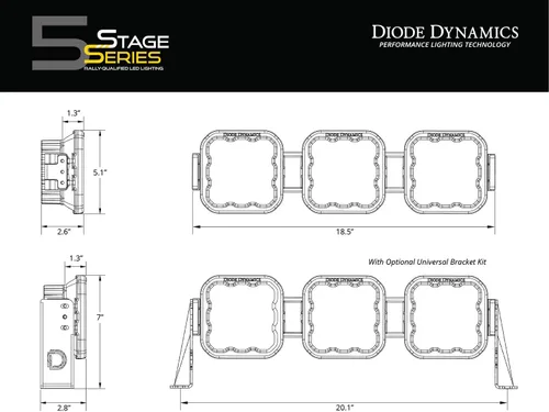 Vista 7 de Diode Dynamics SS5 CrossLink - Barra de luz LED de 3 cápsulas (una), combo blanco profesional
