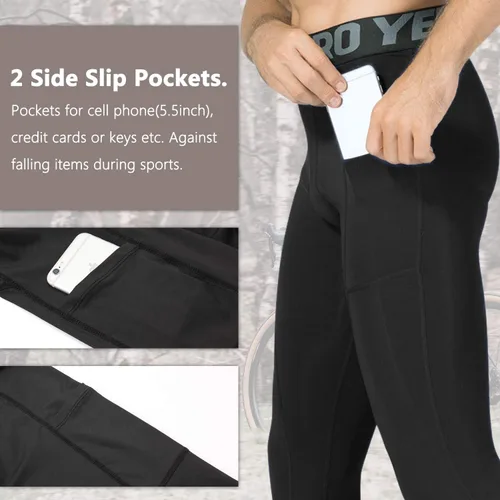 Vista 4 de Queerier 3 Pack Men's Compression Pants Athletic Leggings with Pockets Running Baselayer Tights Cycling Workout Pants