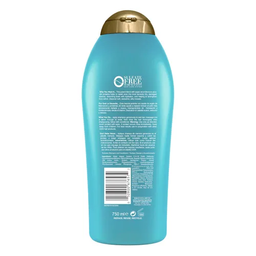 Vista 7 de OGX Champú extra fuerte hidratante y reparación + aceite de argán de Marruecos para cabello seco y dañado, aceite de argán prensado en frío